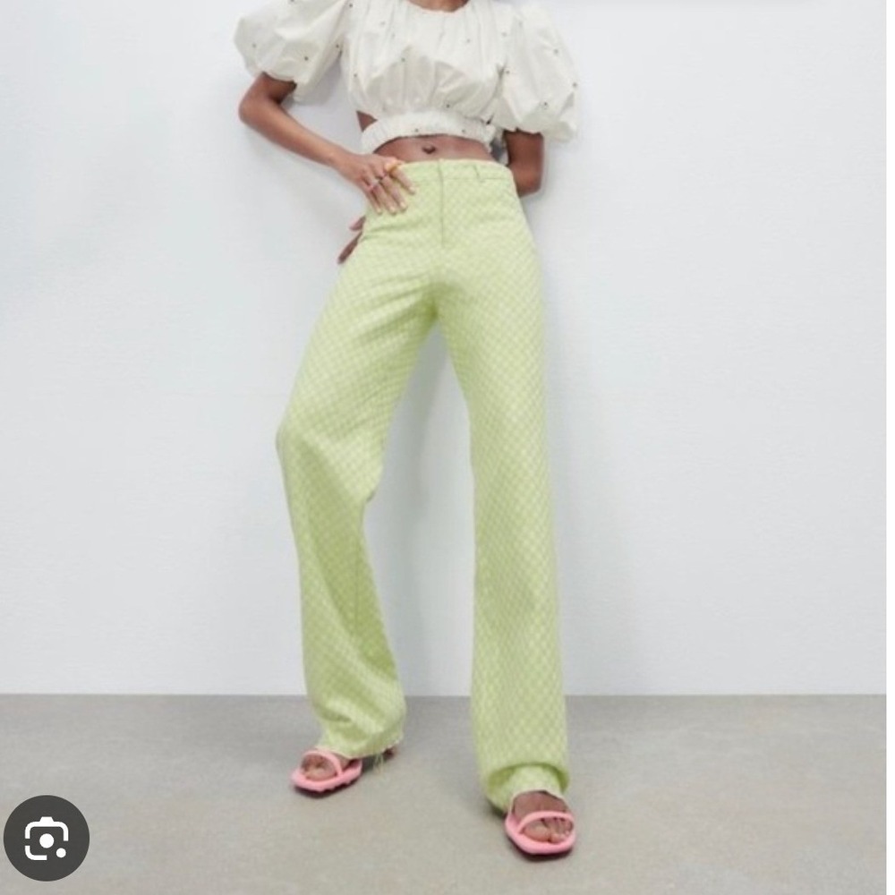 Zara NEW Womens XS Lime Green Checkerboard Straight Leg Pants‎ Textured Gingham